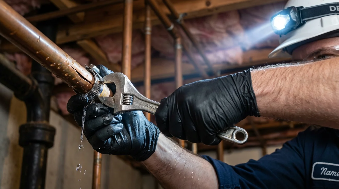Emergency pipe clamp repair being performed by a Johns Plumbing LLC plumber in Broadview Heights