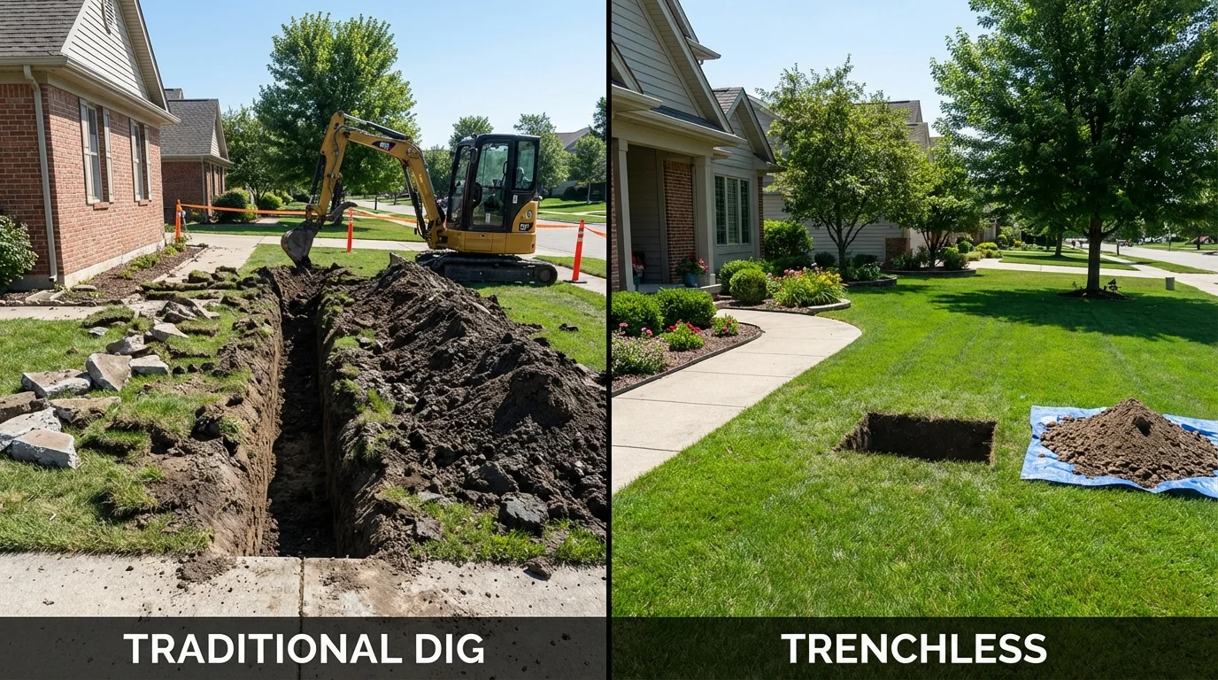 Trenchless sewer repair with minimal yard damage versus traditional excavation in Broadview Heights, OH