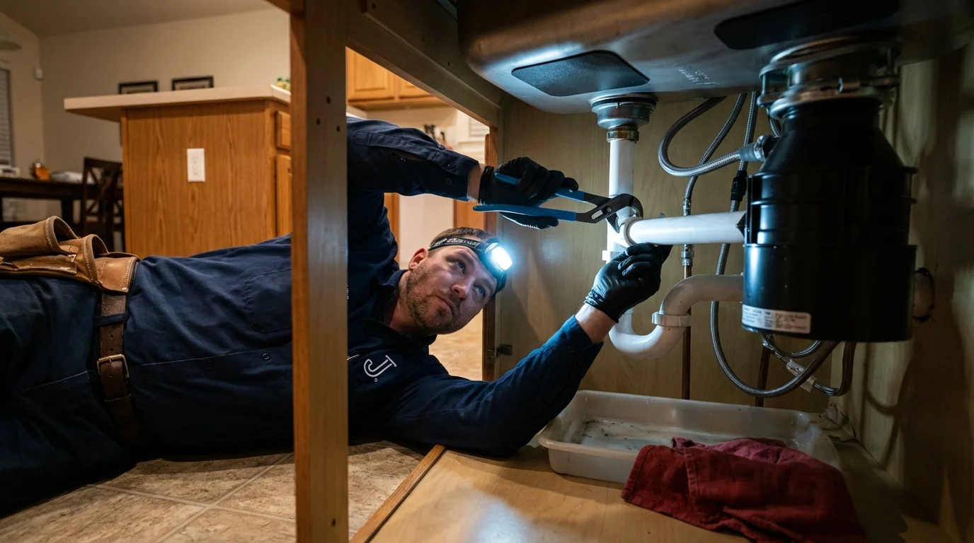 P-trap and supply line connections under a kitchen sink showing a common leak point in Broadview Heights, OH